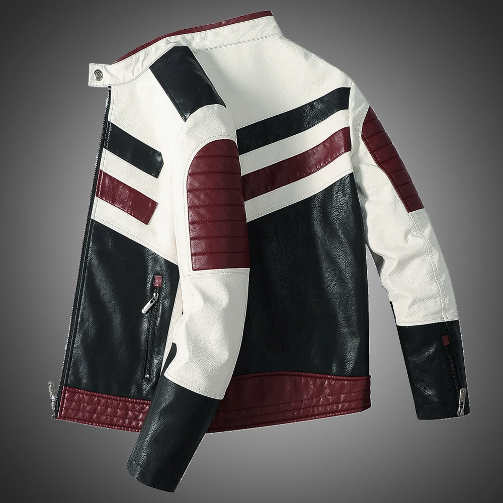 Mens Motorcycle Jacket Leather Striped Patchwork PU Leather Jacket Autumn Winter Slim Jacket Mens High Street Irregular Design