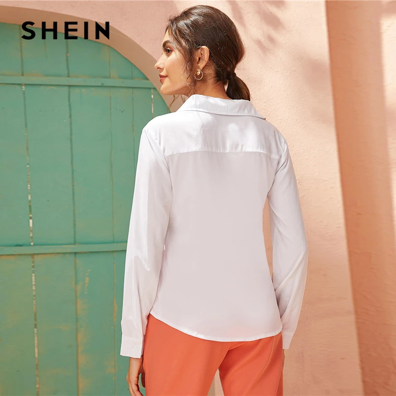 SHEIN белая однотонная однобортная Офисная Женская блузка рубашка женские топы осенние элегантные блузки с длинным рукавом и отложным воротником
