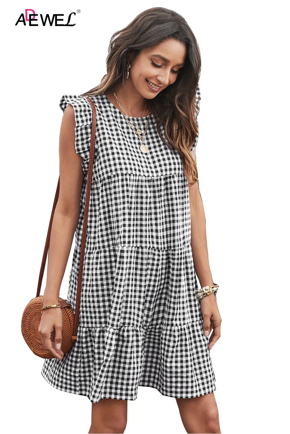 

Black Plaid Ruffled Mini Dress O-Neck Sleeveless Casual Summer Vestidos De Mujer Casual Ocasional Women-Clothing Ropa