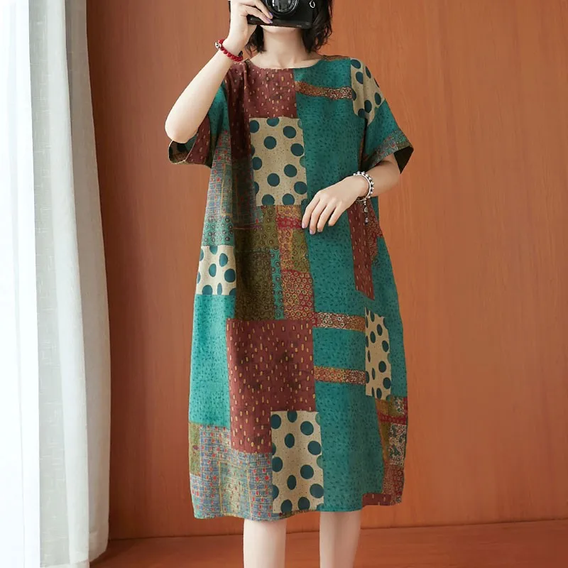 Платье женское хлопково льняное в винтажном стиле повседневное свободное до