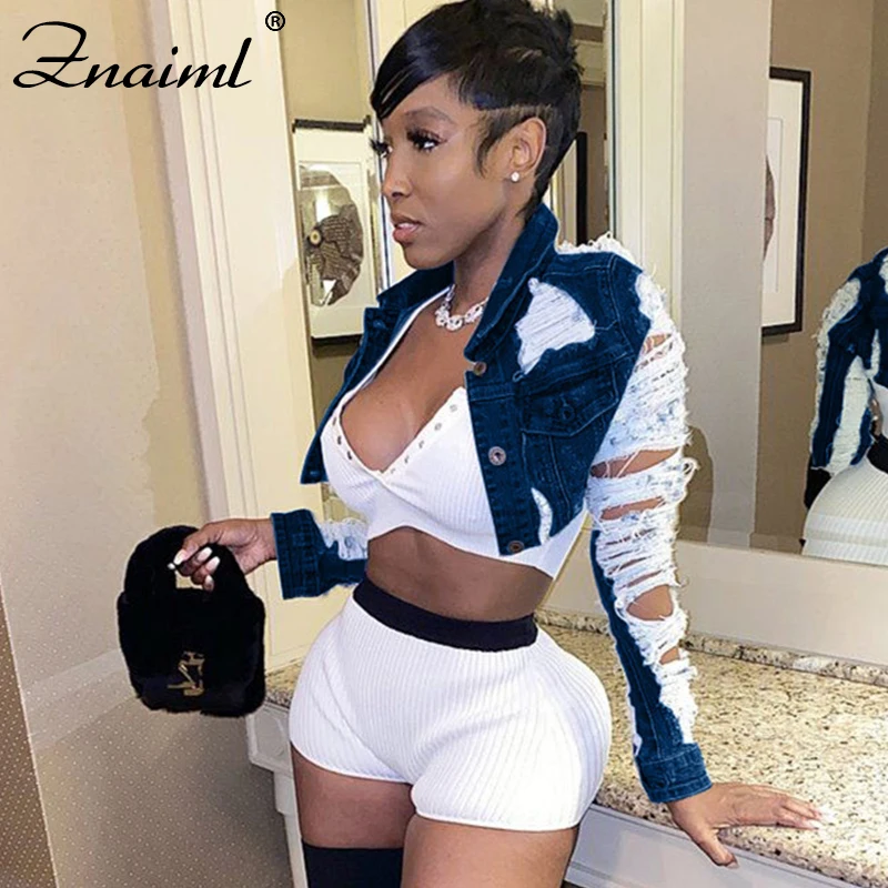 

Znaiml Vintage Hole Hollow Out Denim Jeans Jacket Women Cropped Fringed Short Coats Casual Jackets Ladies Streetwear Jean Femme
