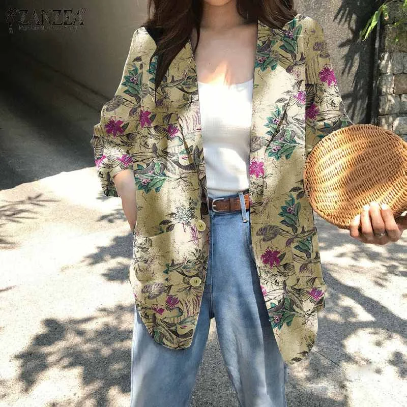 

Осенняя винтажная верхняя одежда с цветочным принтом, Женский блейзер ZANZEA, модное пальто с открытой передней частью, Женский офисный кардиг...