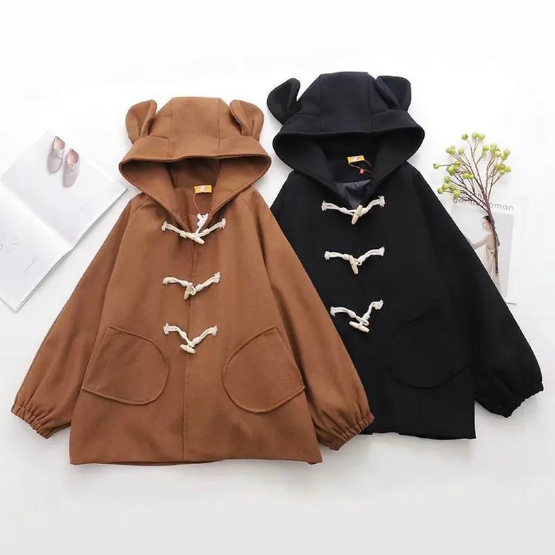 2020 New Women Jackets Cute Rabbit Ears Horns Buckle Lantern Sleeve Hooded Sweet Outwear Girl Sweet Woolen Harajuku Coat 2010225