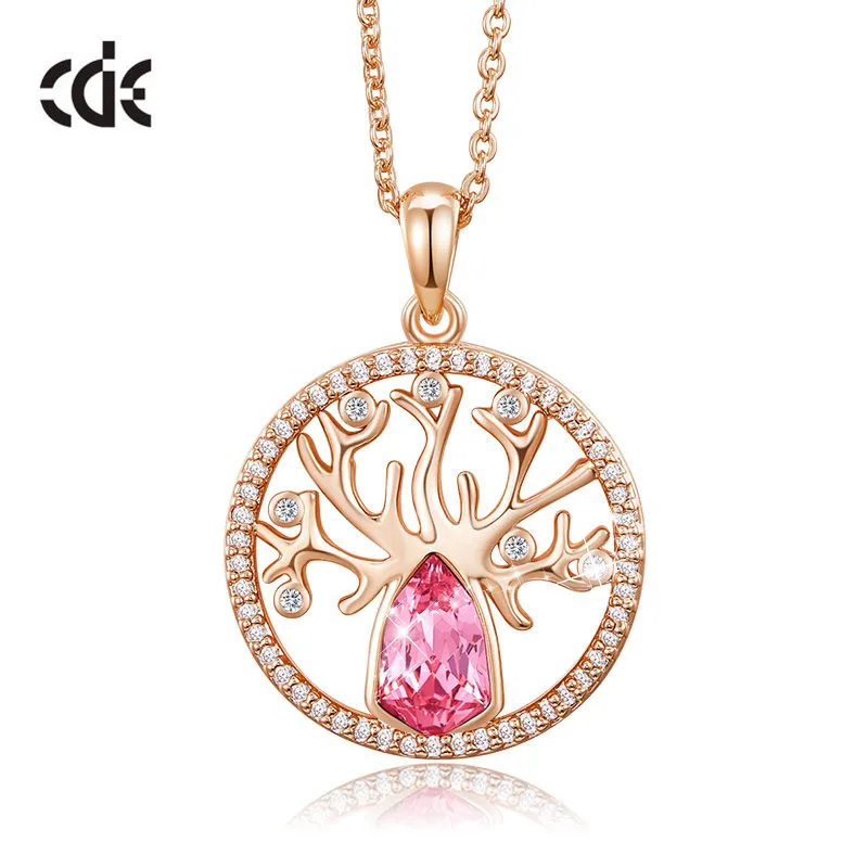 

CDE 2020 Women's Micro Pave Zircon Round Shaped Gold Color Tree of Life Pendant Chain Necklace with Pink Crystal