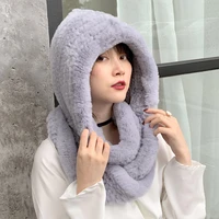 besfilin real rex rabbit fur scarf hat integrated autumn and winter womens knitted handm to keep warm double faced rabbit fur