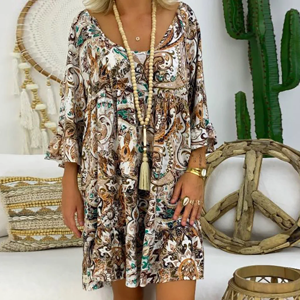 С длинным рукавом на лето свободное платье тонкий Boho Пляжные наряды Для женщин Туника Повседневное галстук-бабочка с v-образным вырезом платье миди с цветочным принтом размера плюс 5XL