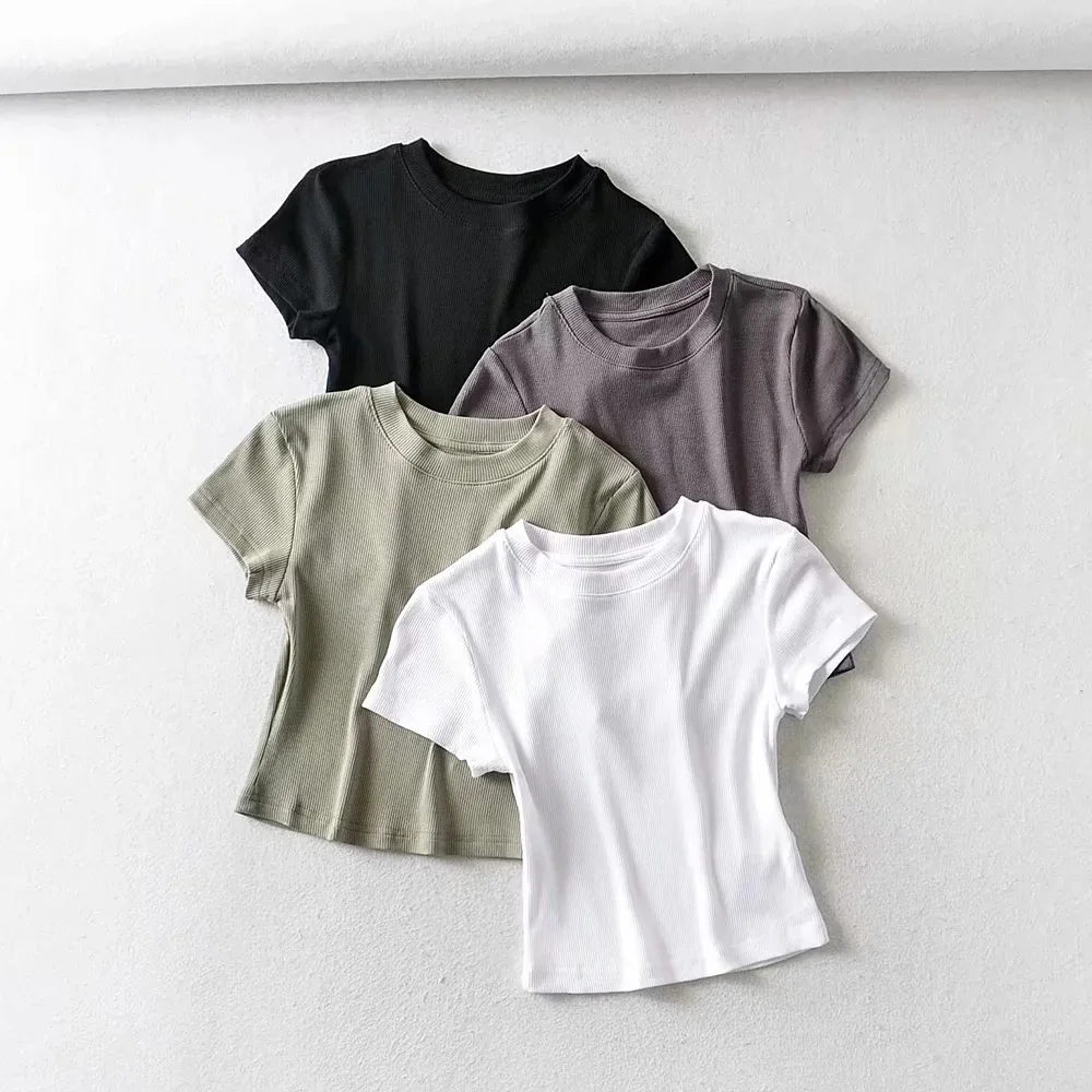 

Black Ribbed Knit Cotton Crop Top Women Summer Short Tee Shirt Cute Crop Top for Ladies T-shirt