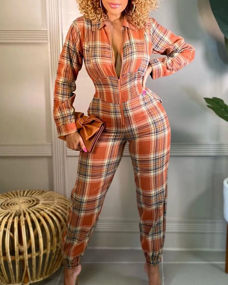 

Plaid Print Jumpsuit Women 2021 New Zipper Design Shirred Cuff Jumpsuit