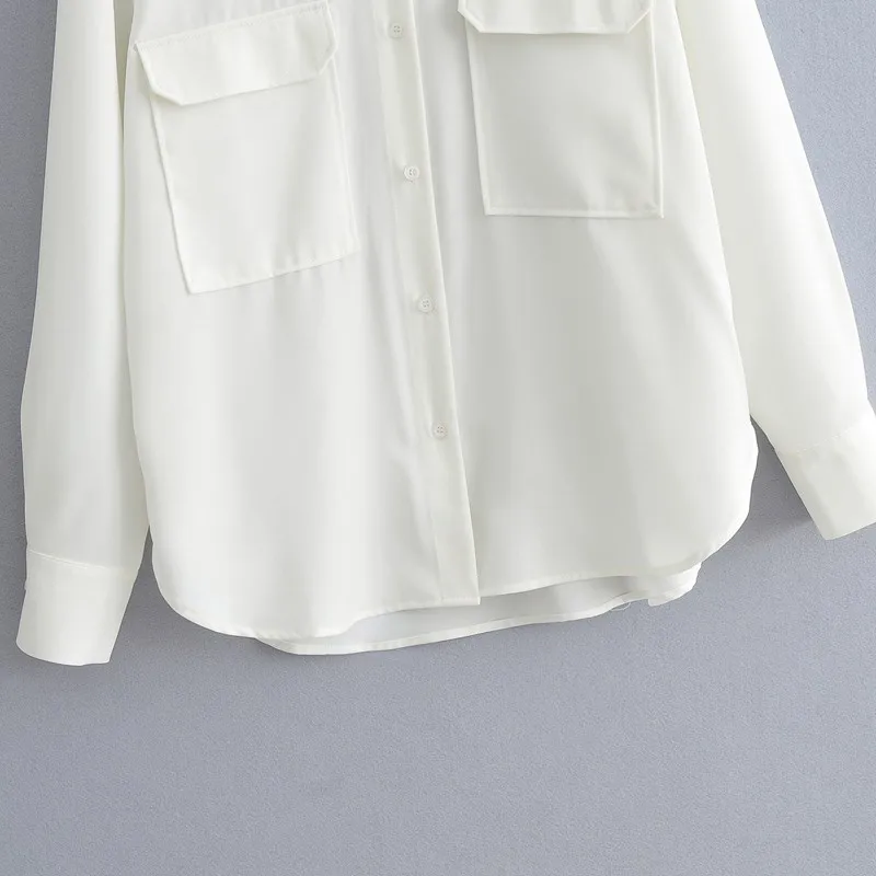 

Alldoke Spring Summer 2021 Women Casual Shirts Woman Turn-down Collar Long Sleeve Pockets White Shirt Ladies Oversized Blouse