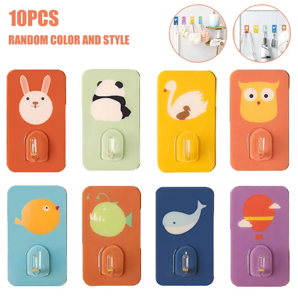 

10pcs Household Cute Animal Self-adhesive Hook Strong Durable Seamless Tableware Kitchenware Hanger Key Kitchen Bathroom Storage