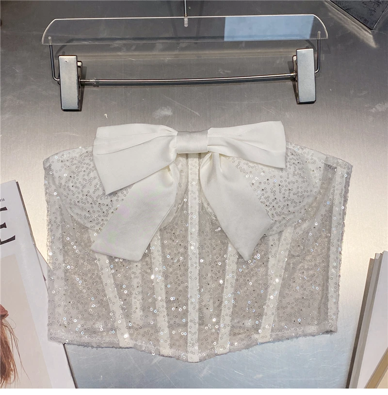 

Sexy Shiny Sequined Embroidered Tube Top Vest for Women Summer Korean Style Sweet Bow Beachwear Tank Top Bars Fashion Crop Tops