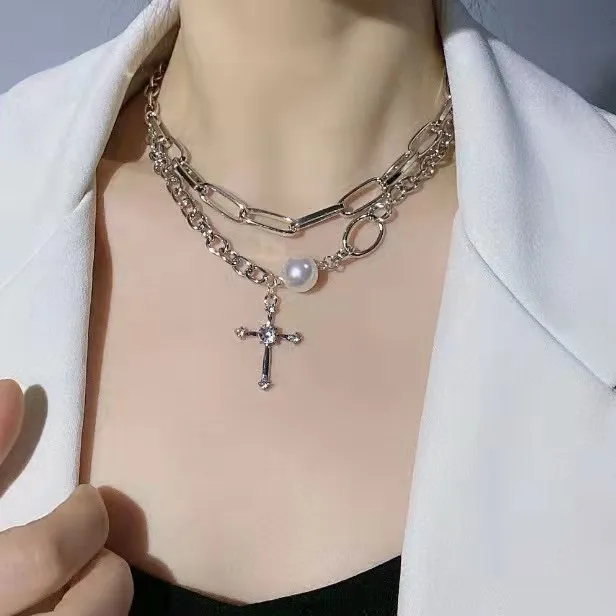 

Cross Multilayer Necklace for Women 2021 New Vintage Style Men's Neck Chains Multilayer Choker Pendant Necklace Pearl Jewelry