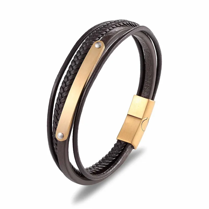 Fashion Genuine Leather Bracelet Men Black Braid Multilayer Rope Chain Stainless Steel ID Brand Magnetic Clasp Male Jewelry Gift | Украшения
