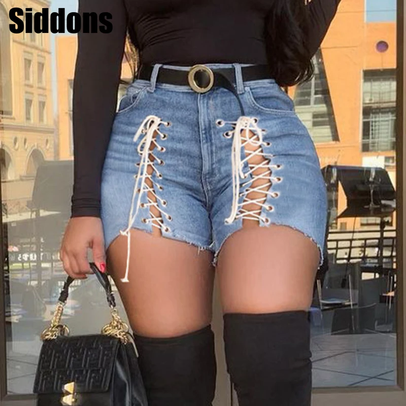 

Solid Criss Cross Hallow Out Lace Up Sexy Streetwear Jeans Woman High Waist Woman Shorts