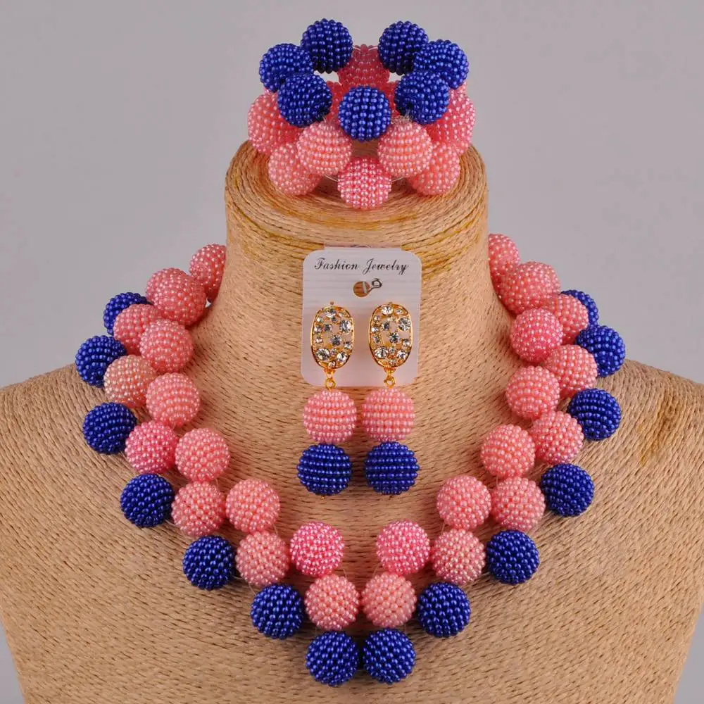 

royal blue and peach african beads jewelry set nigerian wedding necklace FZZ110