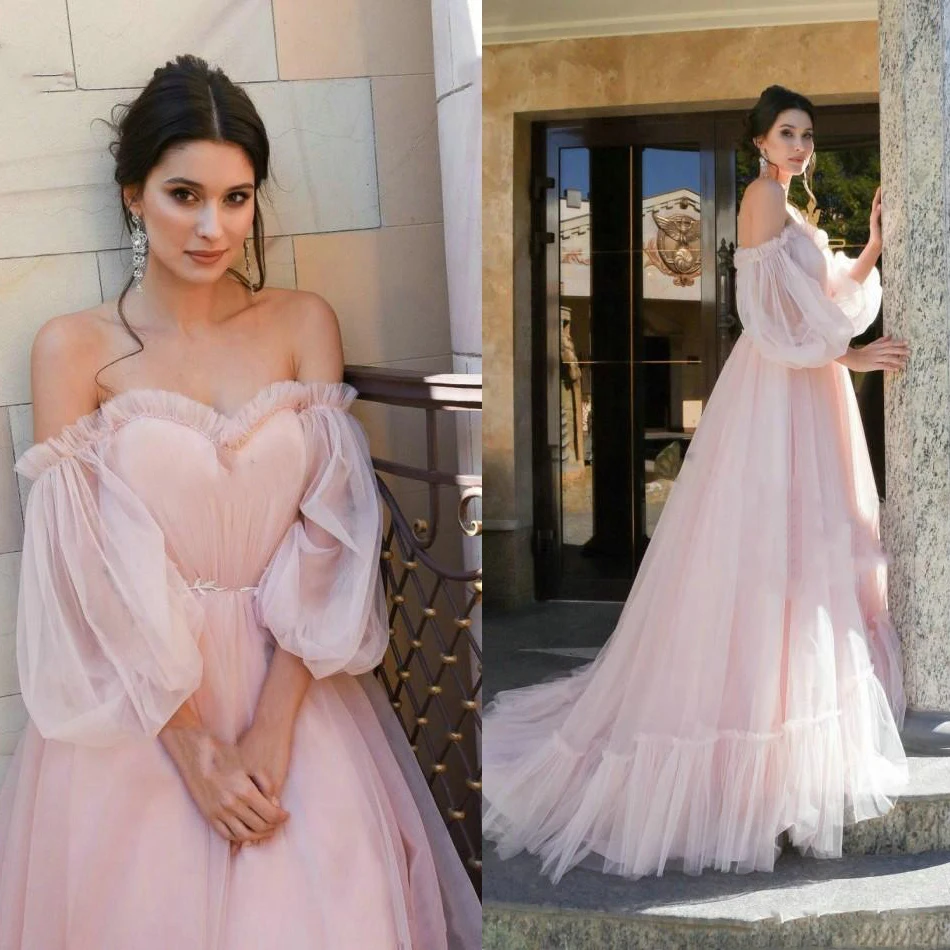 

sukienki wizytowe Inspiration Boho Pink Wedding Dresses Fluffy robe de mariee Bridal Dress Long Sleeves Tulle Abito da sposa