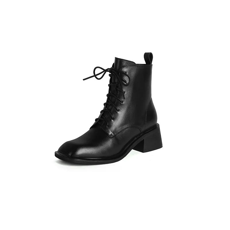 spesifikasi MEMUNIA 2021 Sepatu Bot Pergelangan Kaki Musim Gugur Musim Dingin Sepatu Kulit Asli Wanita Sepatu Fashion Hak Tebal Berenda Ritsleting Sepatu Bot Wanita Hitam