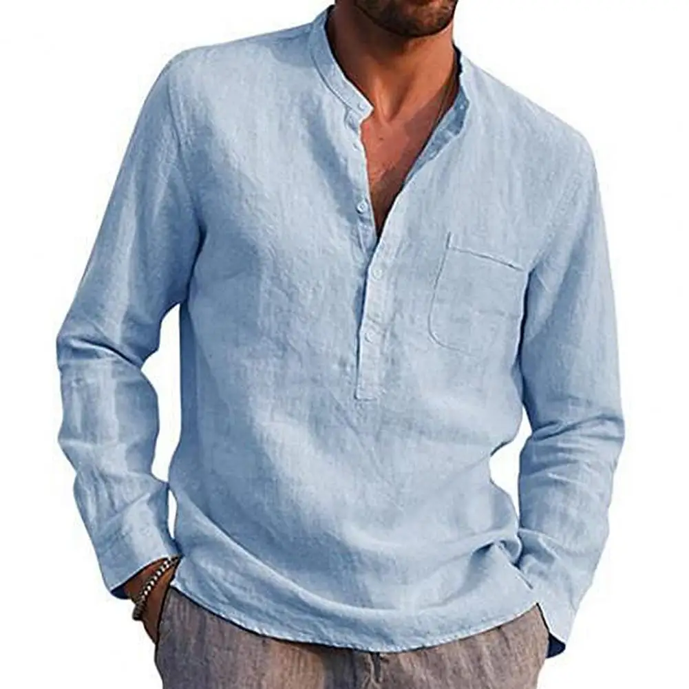 

Solid Color V Neck Long Sleeve Pocket T-shirt Top Cotton Linen Shirt
