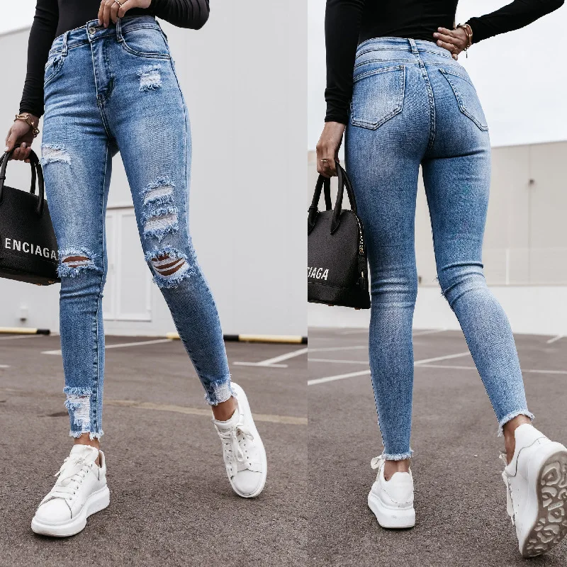 

Small Feet Hole Street Hipsters Boyfriend Jeans for Women Wash Water Slim Slimming Denim Trousers Women Spring and Summer 2021