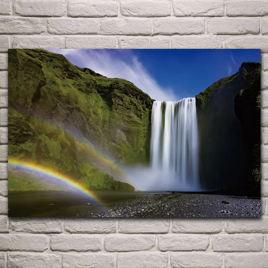 Исландский водопад Skogafoss Радужный природный ландшафт фотография украшение для