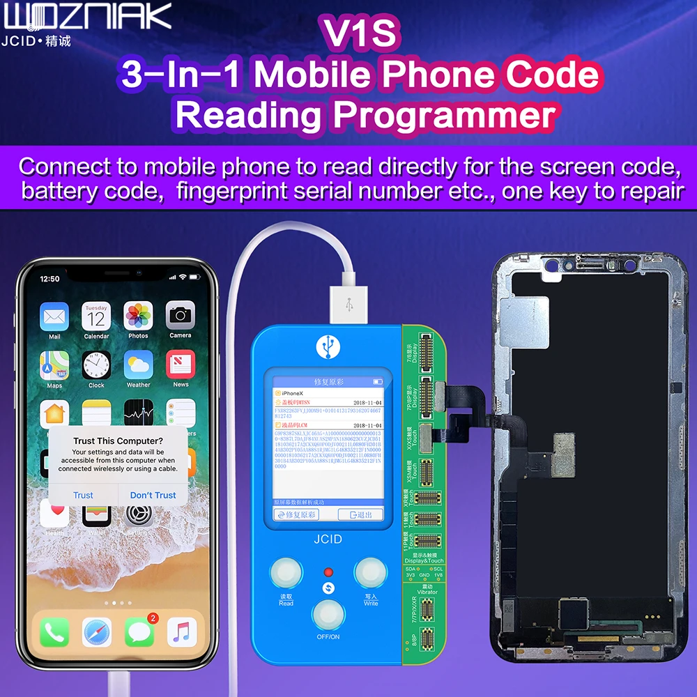 JCID V1S For IPHONE 7 8 8P X 11 PRO MAX Photosensitive Original Color Touch shock Battery Fingerprint Serial Number Programmer |