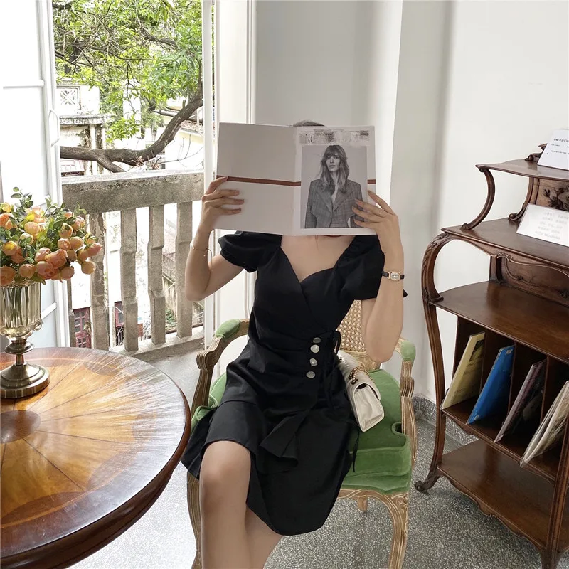 

2021 Spring And Summer Vintage Fashion Elegant V-Neck Solid Color Vestidos Thin Puff Sleeve Lace-Up Irregular Female Dress