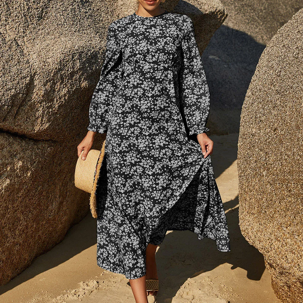 

Western Style Women's Dress Spring Summer Fashion Loose Casual Retro Floral High Waist Temperament Round Neck Lantern Sleeve