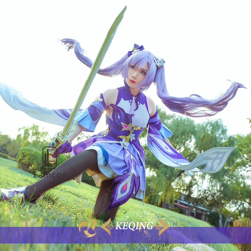 Костюм для косплея Keqing из игры Genshin Impact: парик, обувь, платье KEQING, аниме-форма для женщин, одежда на Хэллоуин.
