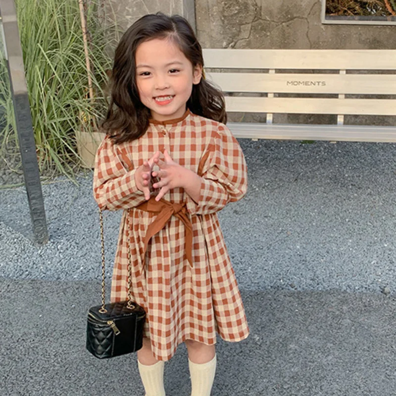 New Children's Wear 2021 Spring And Autumn Girls' Comfortable Foreign Style Coffee Plaid Tether Belt Dress For Small | Детская