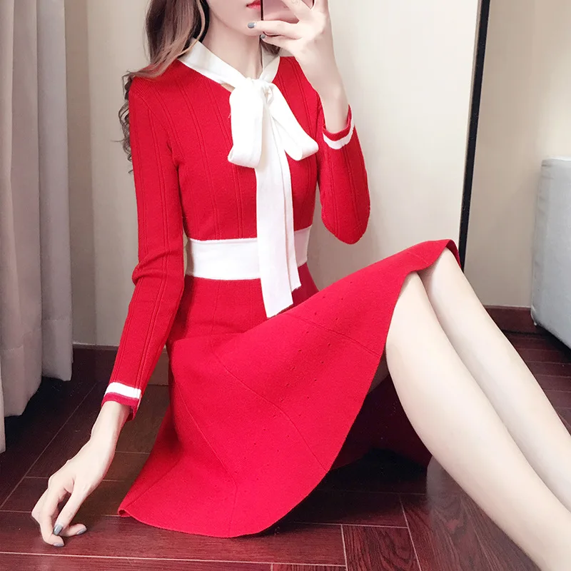 Autumn Winter Sweater Dress 2019 New Korean Fashion Bow Tie Collar Long Sleeve Knitting A-line Mini P-266 | Женская одежда