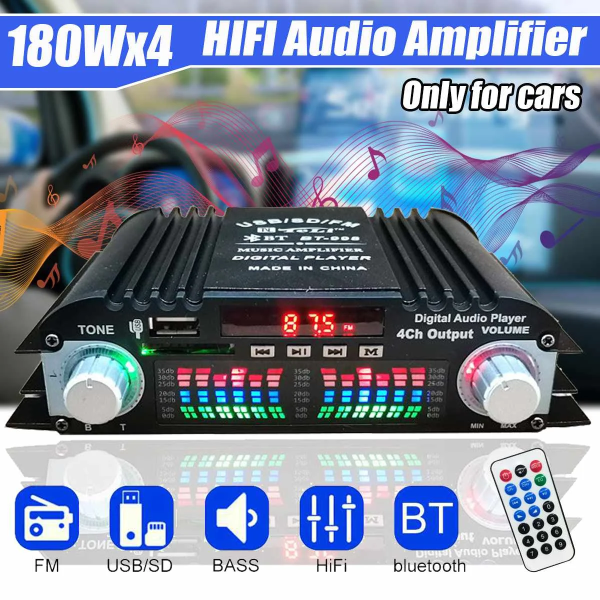 DC12V Bluetooth Amplifier Home Digital Amplifiers 180Wx4 Car Audio Bass Power Hifi FM USB SD Radio for Subwoofer Speakers | Электроника
