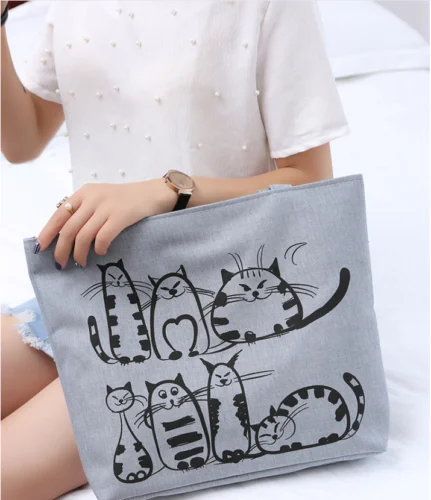 

Women Canvas Handbag cartoon Cat Printed Shoulder bag Female Large Capacity Ladies Beach Bag Women Canvas Tote Shopping Handbags