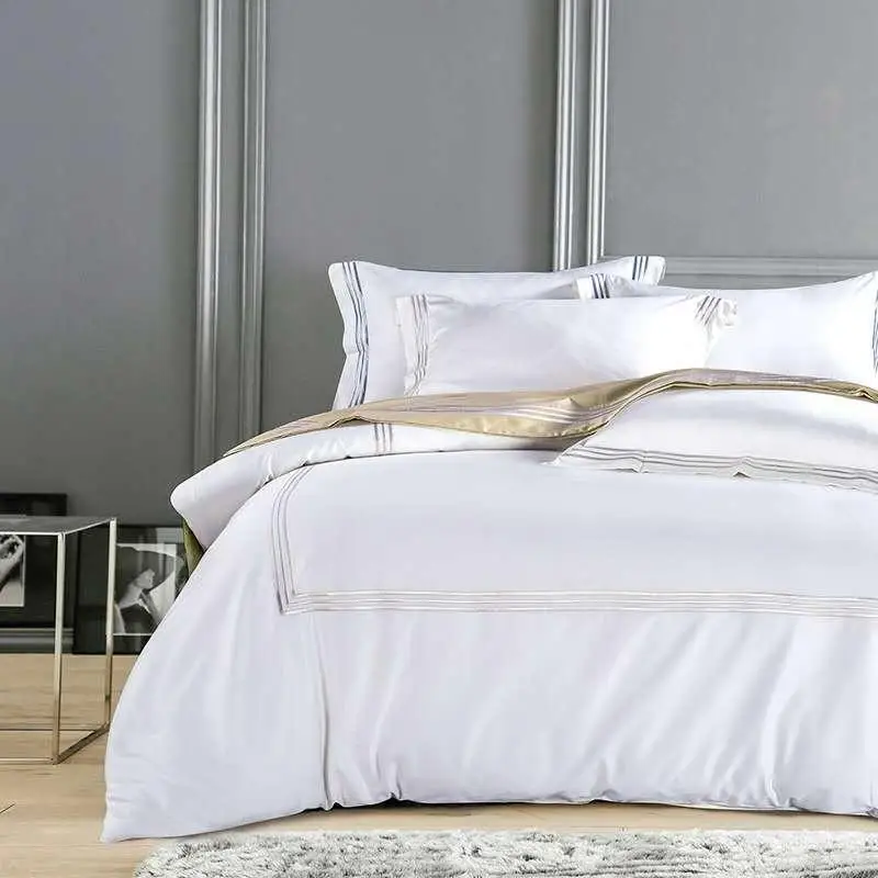 

42 White Luxury Hotel Bedding sets King Queen size Silver Gold Embroidery Duvet cover Cotton Bed sheet linen set Pillow cover