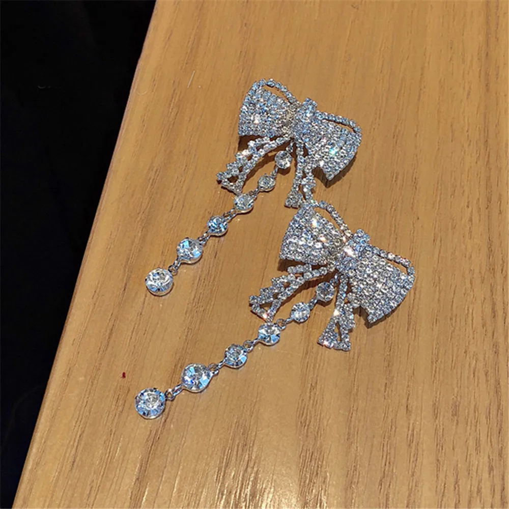 

New Style Needle Fashion Exaggerated Full Rhinestone Bow Tassel Earrings Net Celebrity Simple Wild Stud Earrings