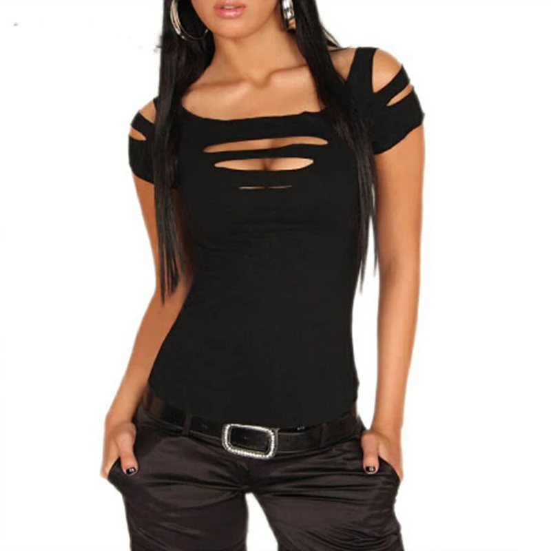 Футболка женская с дырками пикантная модная облегающая Однотонная рубашка