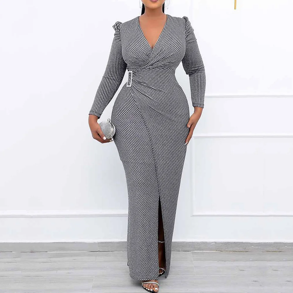 

Stripe Elegant Dresses For Ladies 2021 Formal Party Sexy Bodycon Deep V Neck Split Designed Chic OL Women Maxi Long Dress