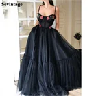 Длинное вечернее платье Sevintage, черное Тюлевое платье в горошек, на тонких бретелях, с цветами, на завязках, вечерние платья под заказ