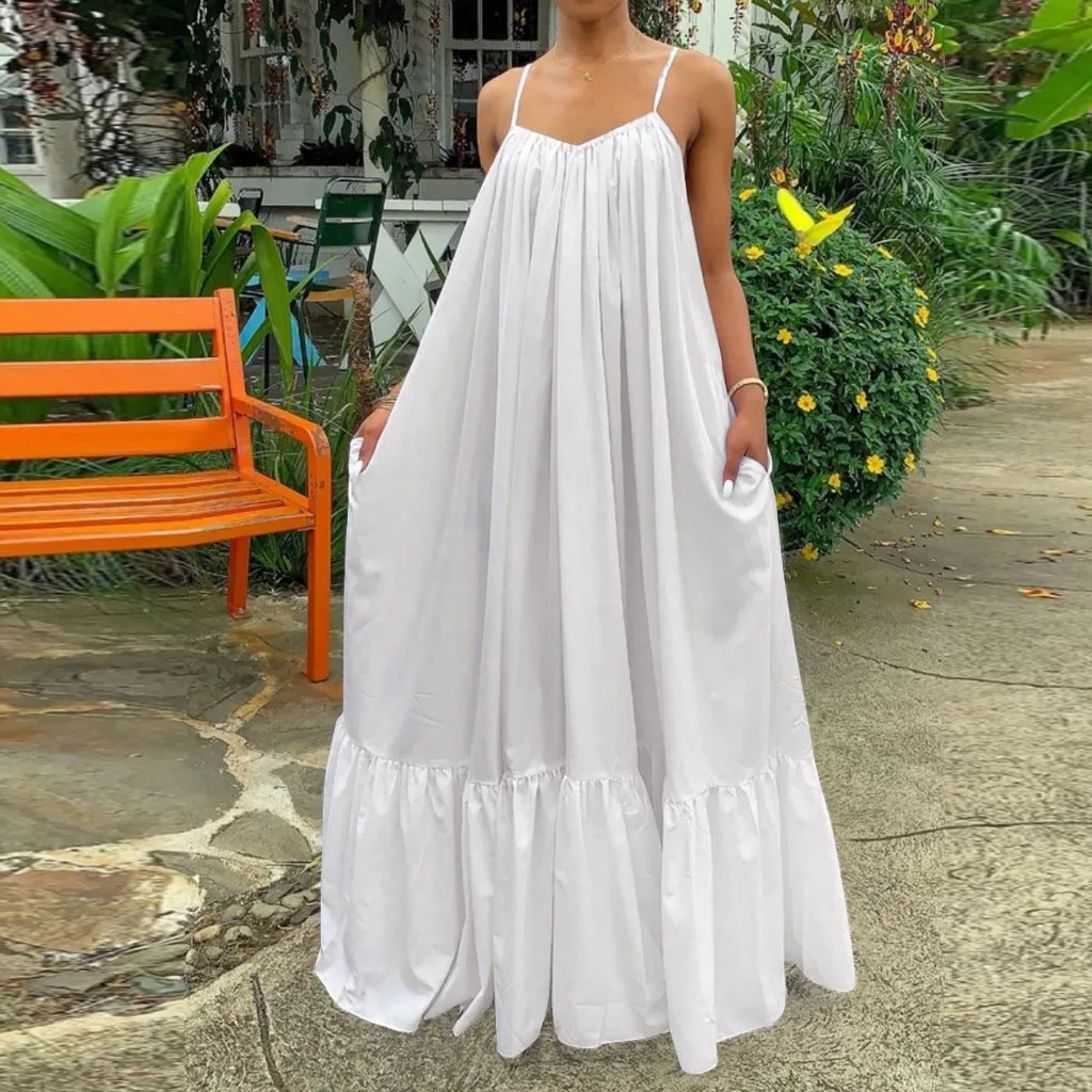 &amp35 Women Boho Dress Fashion Casual Solid Strap Pocket Loose Backless Big Swing Plus Size Summer 2020 | Женская одежда