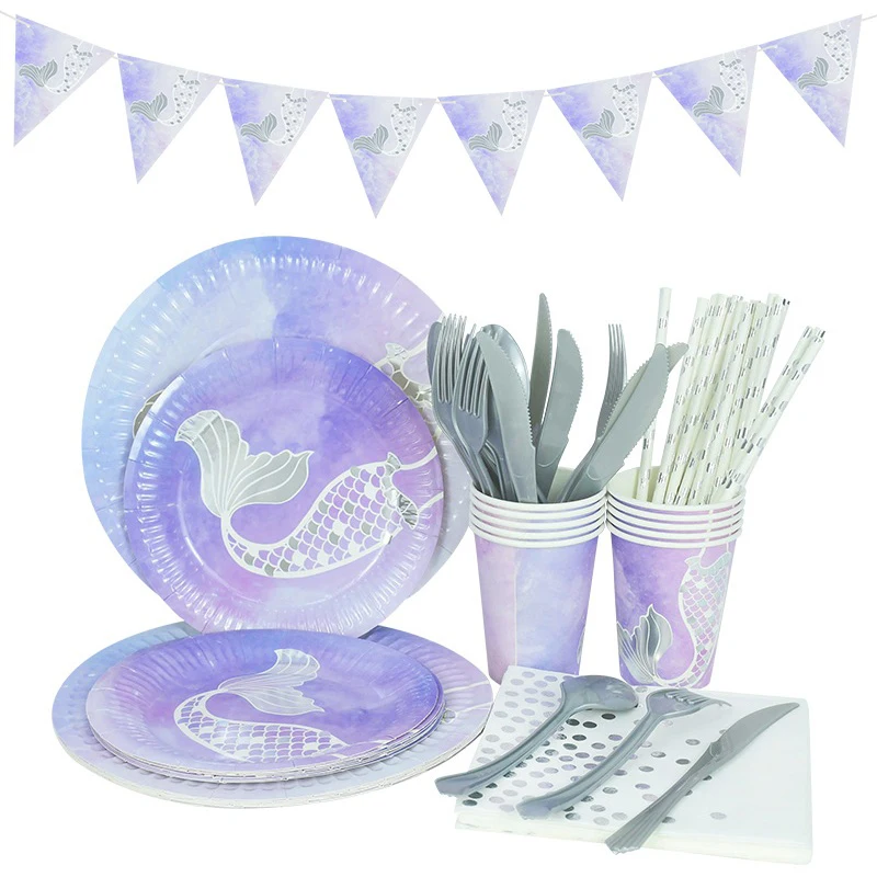 

Mermaid Theme Disposable Tableware Paper Plate Cup Banner Knife Fork Spoon Straw DIY Birthday Wedding Party Decor Kitchen Supply