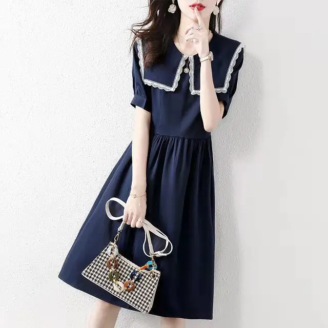 

Chiffon Loose Women's Dress New Casual Fashion Dresses Solid Short Sleeve Doll Collar Mid-length Summer Houthion A-LINE