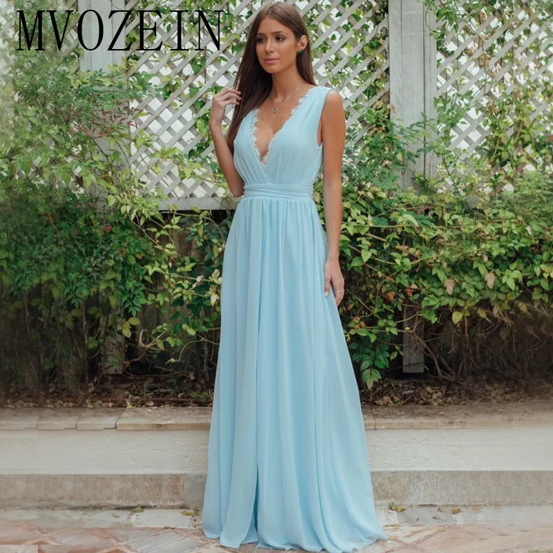 

Vestidos Sky Blue Evening Dress 2019 Chiffon A-Line V-Neck Sleeveless Elegant Long Evening Dresses abendkleider