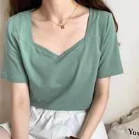 t shirts summer new fashion korean women cotton solid basic loose casual tops female v neck slim thin short sleeve tee t shirt