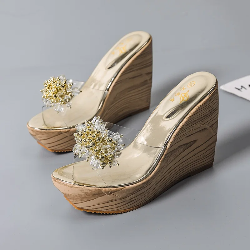 

2020 summer Diamond Flower slope heel sandals transparent muffin platform slippers women's sandals high heels