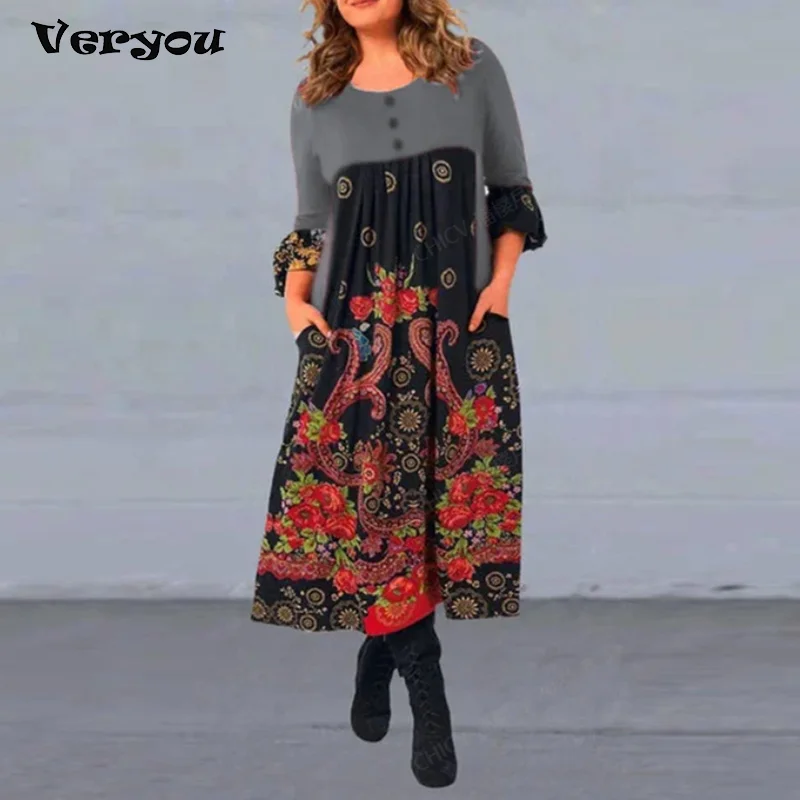 

Женское винтажное платье с принтом, Элегантное повседневное свободное платье-трапеция составного кроя с длинными рукавами и круглым вырезом, весна-осень 2022