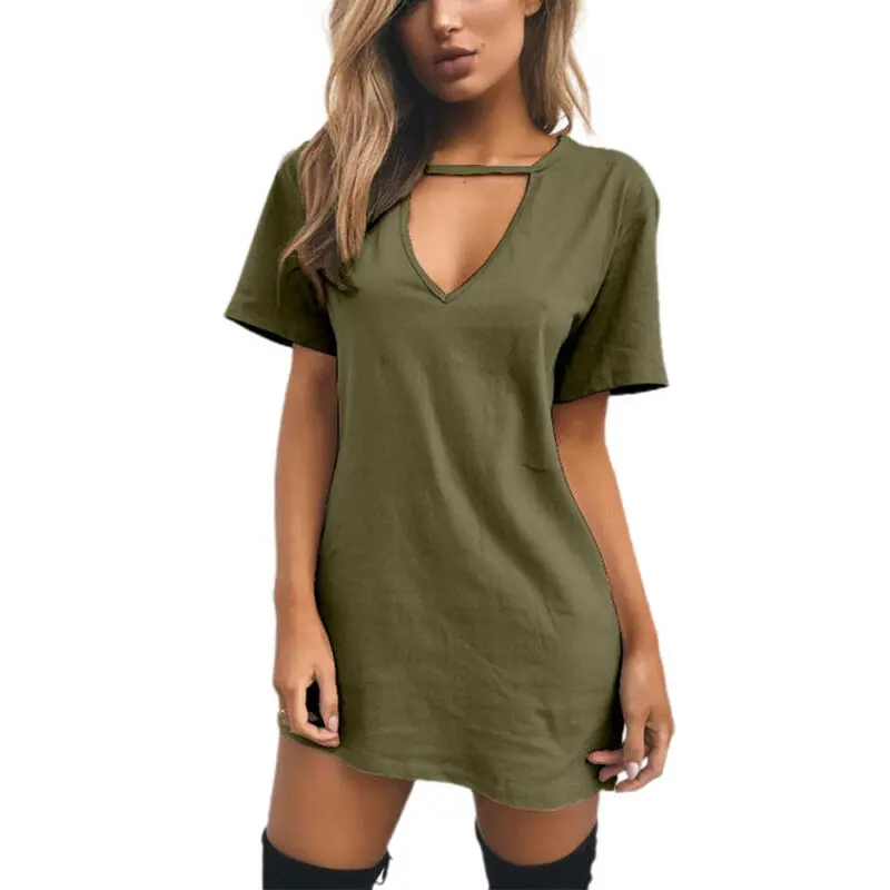 T Shirt Pullover Dress Womens V Neck Short Sleeve Summer Mini Dresses