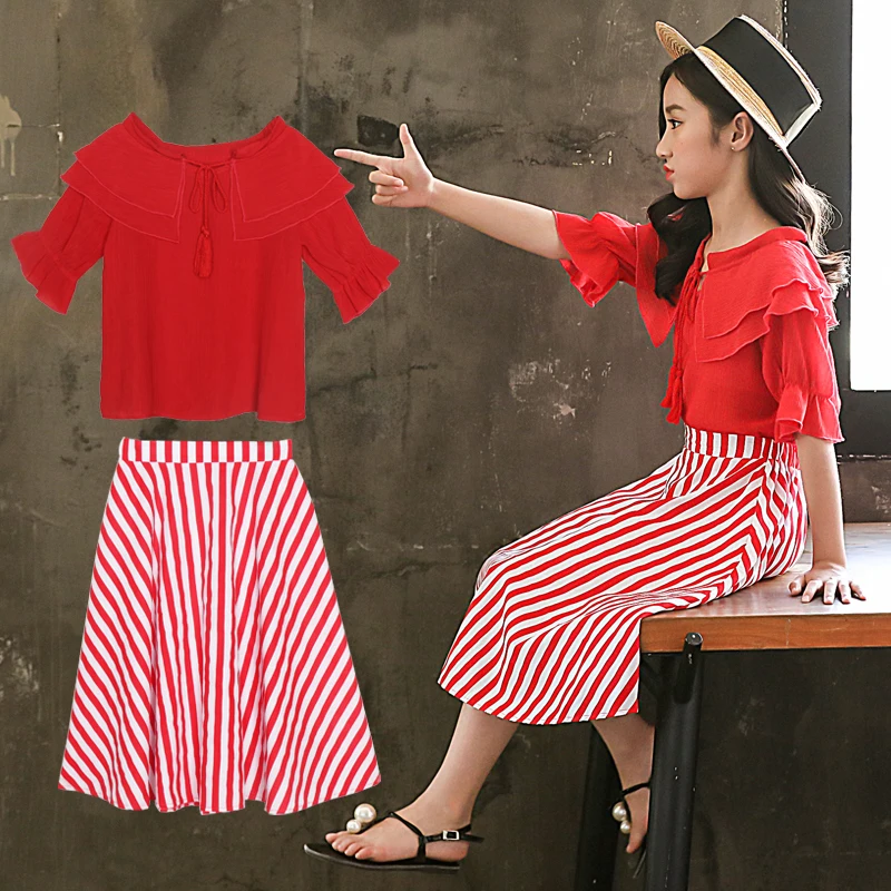 Детская юбка топ с вырезом под горло оборками на рукавах красная Полосатая для