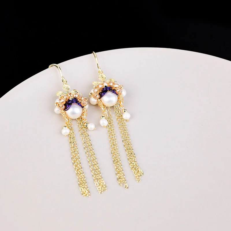 

Chic Ethnic Purple Face Shape Long Tassel Earrings Women Vintage Handmade Freshwater Pearl Piercing Drop Earrings Jewelry EH015