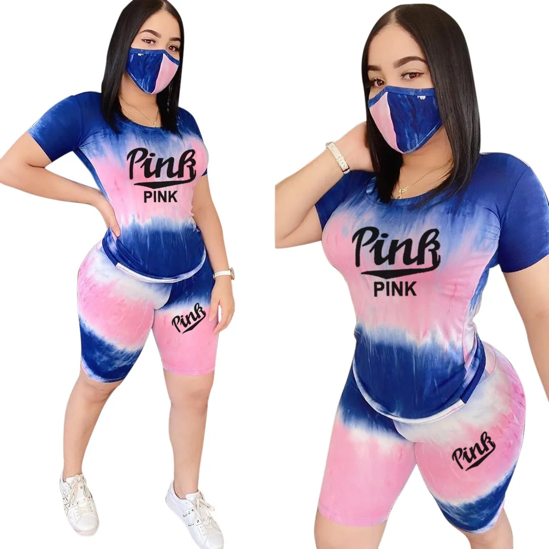 

Letters Gradient Tie Dye 2 Piece Sets Womens Outfits TShirts Biker Shorts Matching Sets Jogging Femme 2020 Contains Mask