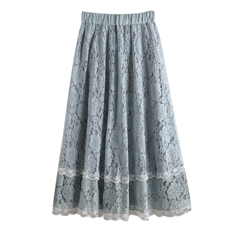 

lace women skirts 2020 summer new high waist solid pleated knee-length office lady elegant skirts top quality