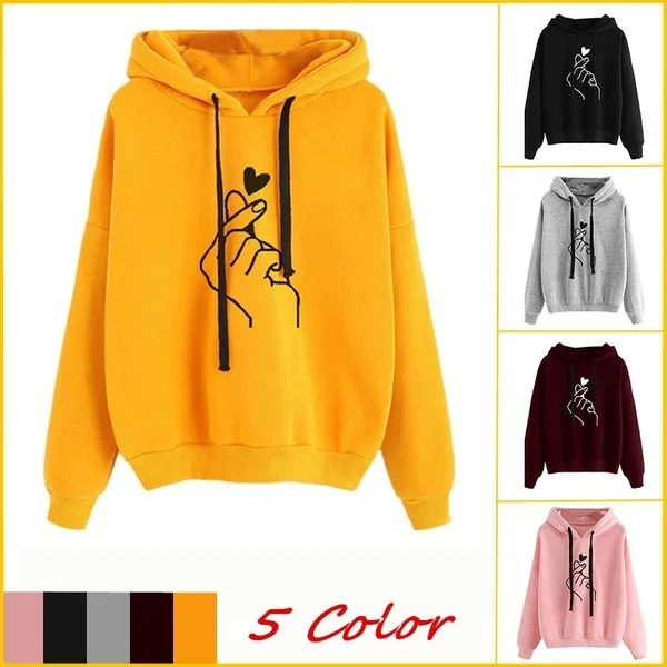 

Women Hoodie Sweatshirts Finger Heart Love Printed Hooded Sweatshirt Autumn Ladies Girls Long Sleeve Pullover Hoody Plus Size